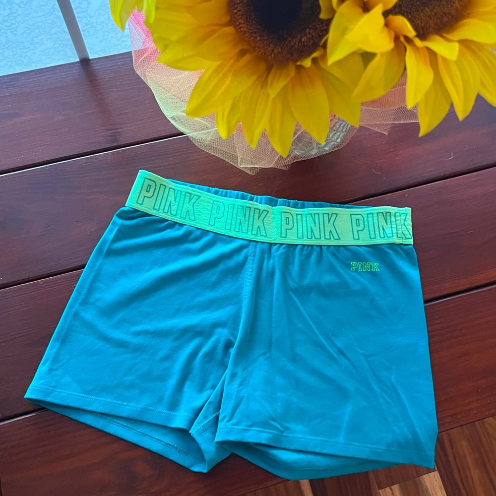 Turquoise Utimate PINK athletic spandex shorts, S, EUC